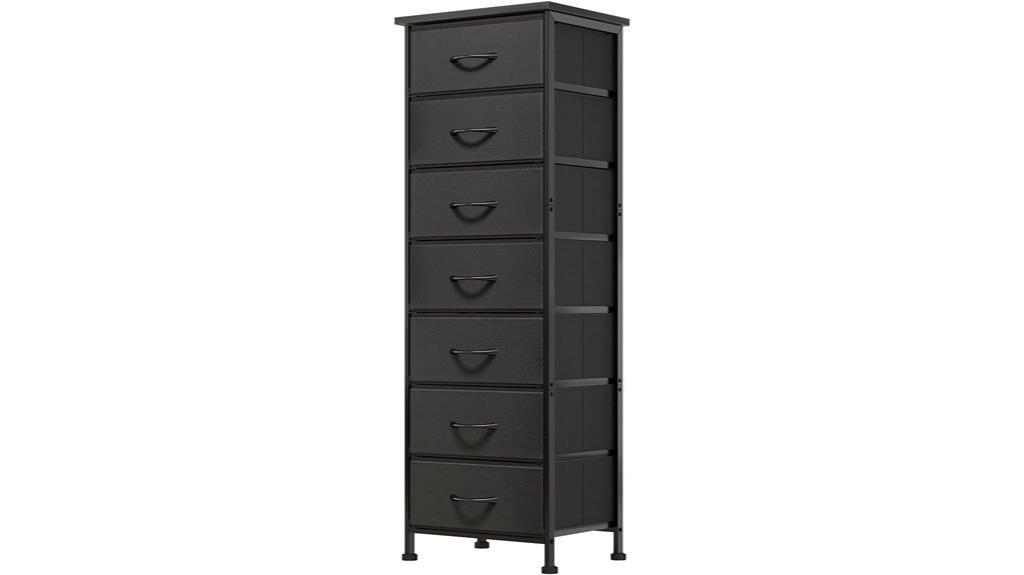 black tall dresser with fabric drawers